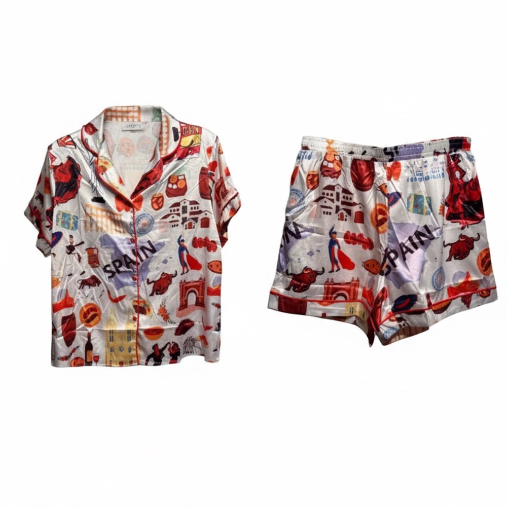Spain pajamas button down shirt & shorts size large relaxed fit set lounge silky - Picture 2 of 15